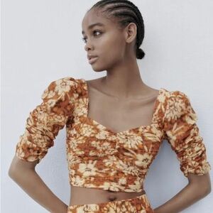 ZARA Floral Ruched Crop Top - Size Small
